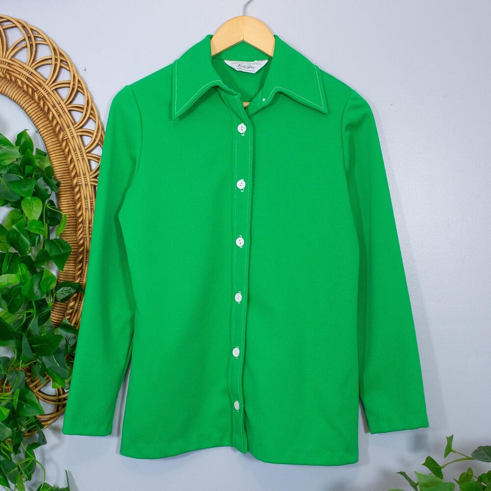 Bright Green Button Down Blouse Retro Classic Sta… - image 1